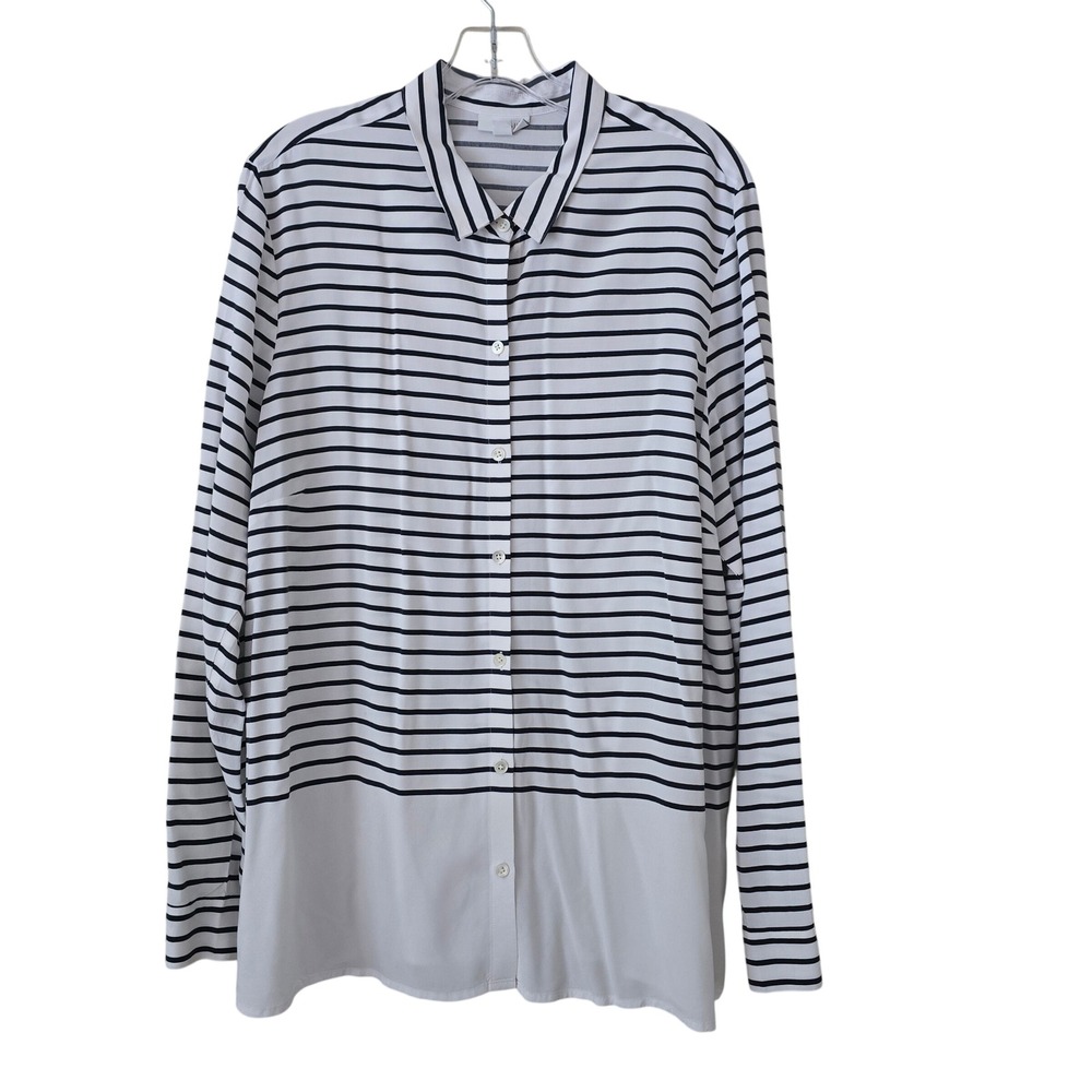 J. Jill Womens XL Striped Colorblock Button Down Blouse Navy White Long‎ Slv